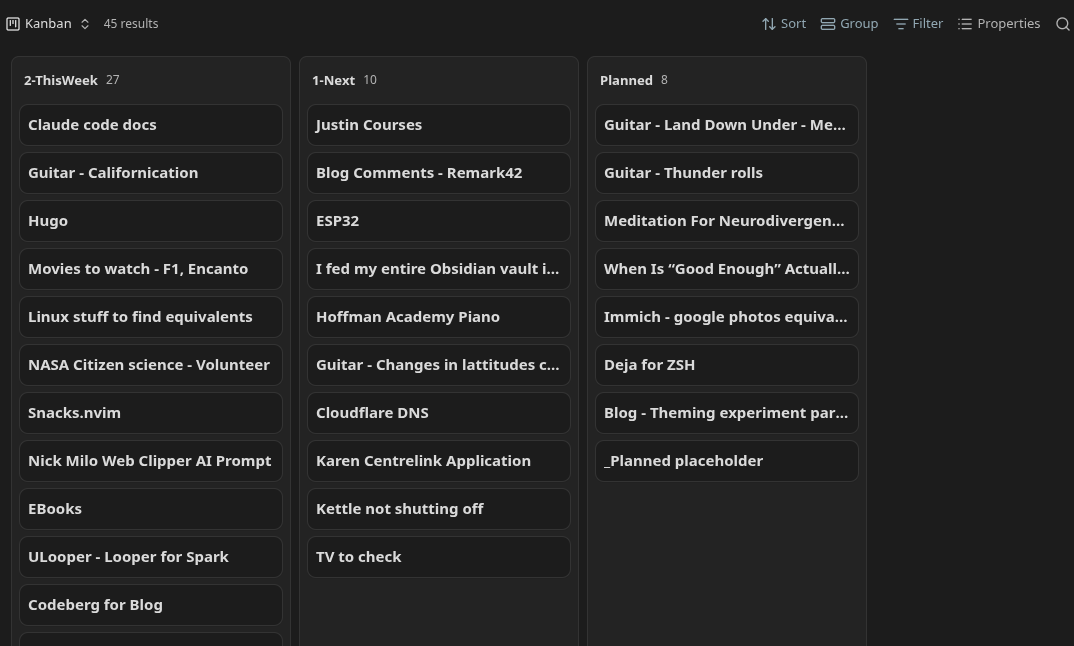 Kanban example with columns for different priority tasks and planned tasks